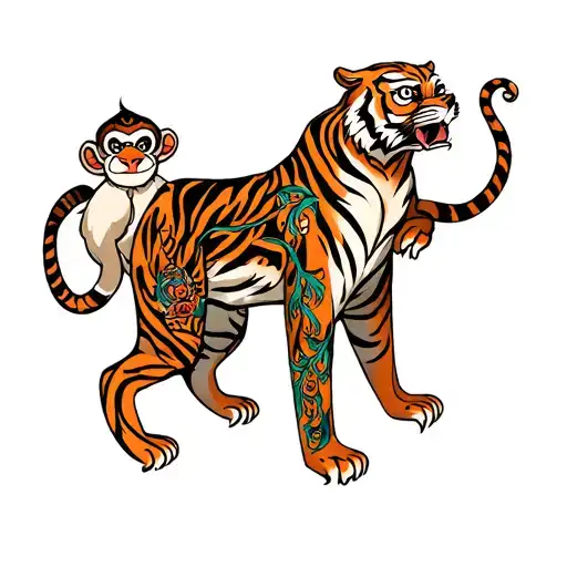 Tiger And Monkey And Heeron