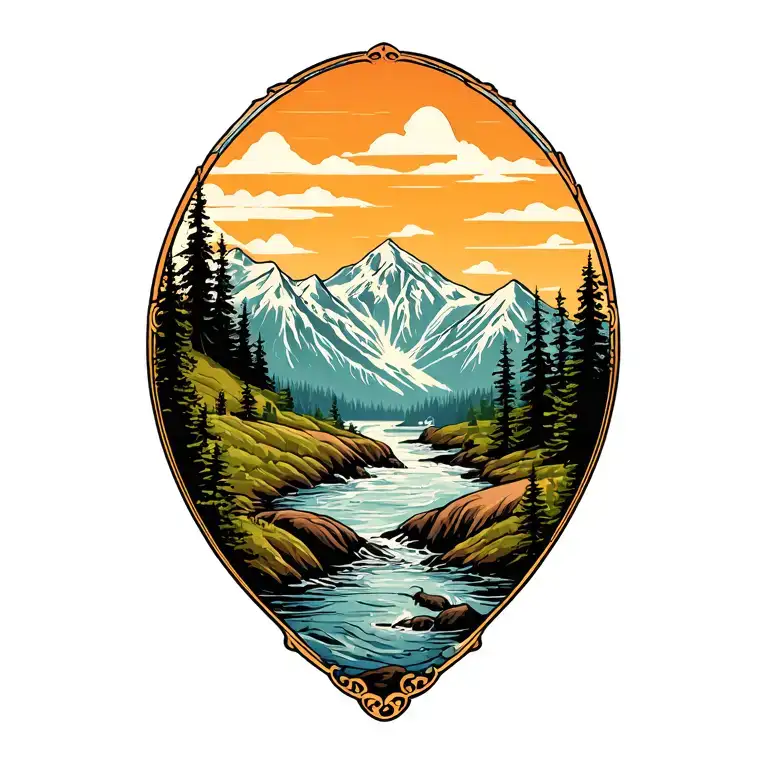 Moutian Scene With River And Animal Outlines