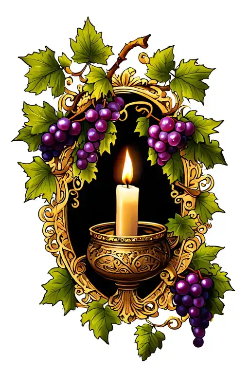 Candle Burning With Vines And Grapes Gold Filigree