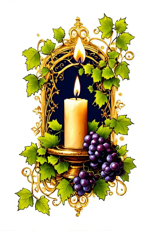 Candle Burning With Vines And Grapes Wrapping Around Gold Filigree In Background