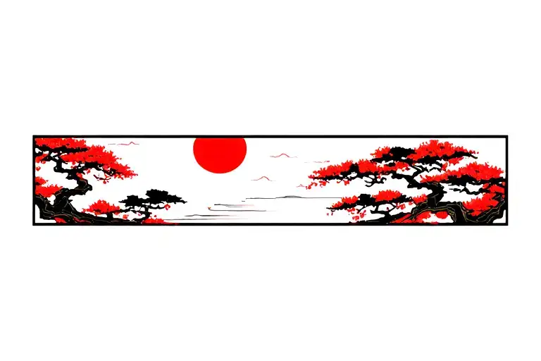Japanese Samouria With A Red Sun And Cherry Trees