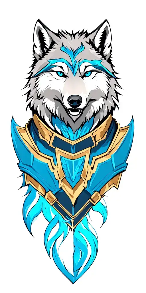 Wolf With Blue Eyes On Armor Tattoo Design
