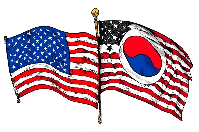 South Korean Flag And Us Flag Primarily Black