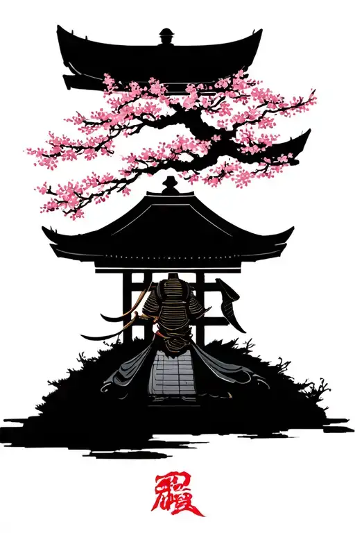 Samurai With A Temple And Some Cherry Blossom Tree