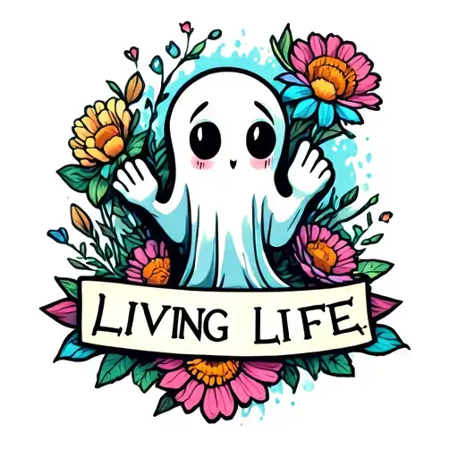 Cute Ghost Emerging From Flower Flipping Someone Off With The Words Living Life