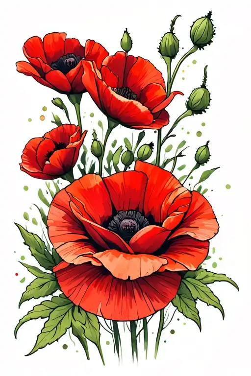 Garden Theme Half Sleeve With Red Poppy Flower
