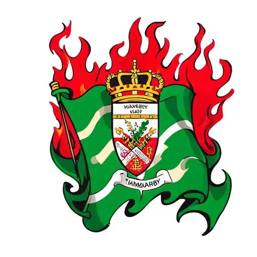 Hammarby If Crest On Waving Flag Within Fire Flames