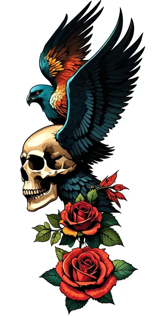 Skull With Small Rose With Phoenix Rising