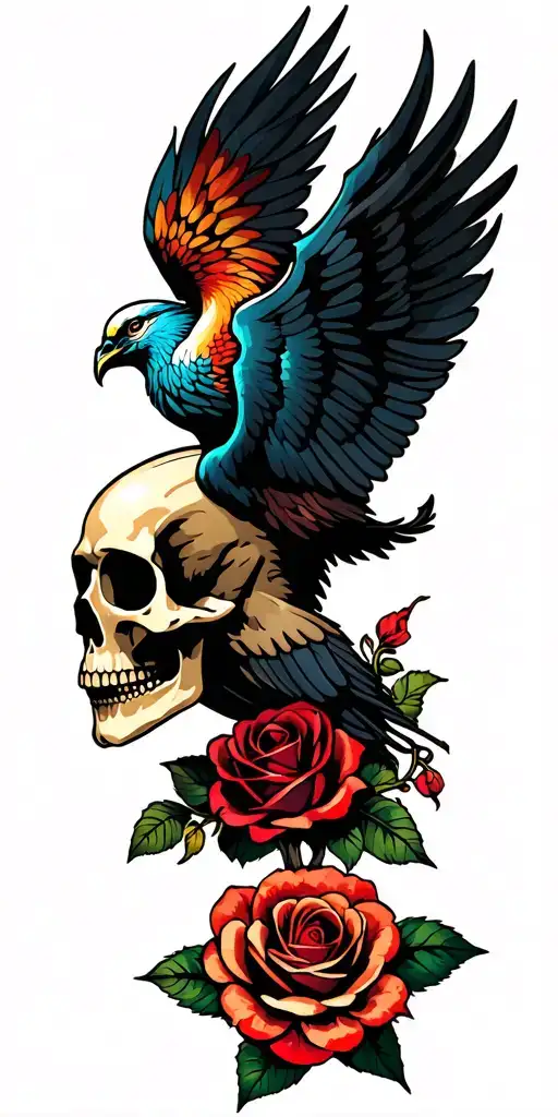Skull With Small Rose With Phoenix Rising