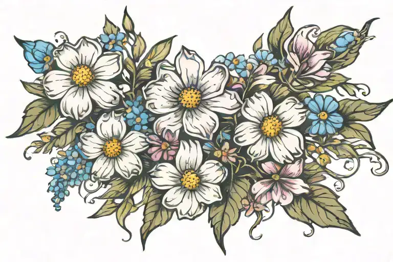 Cosmos Flowers With Forget Me Not Flower Intertwined