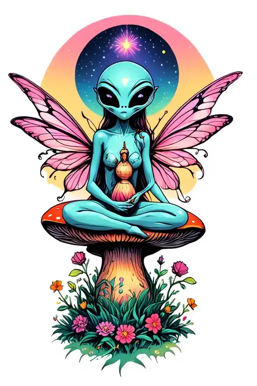Enlightened Alien Sitting With A Fairy On A Mushroom