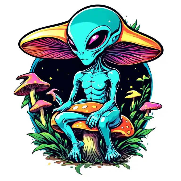 Psychedelic Alien Sitting On A Mushroom