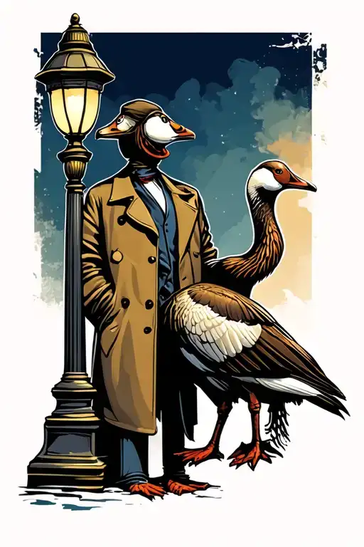 Goose In A Trench Coat Leaning Against A Lamp Post