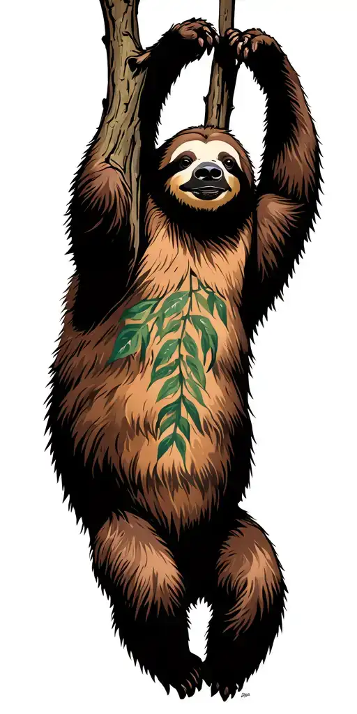 Sloth Hanging From A Tree And Grizzly Bear