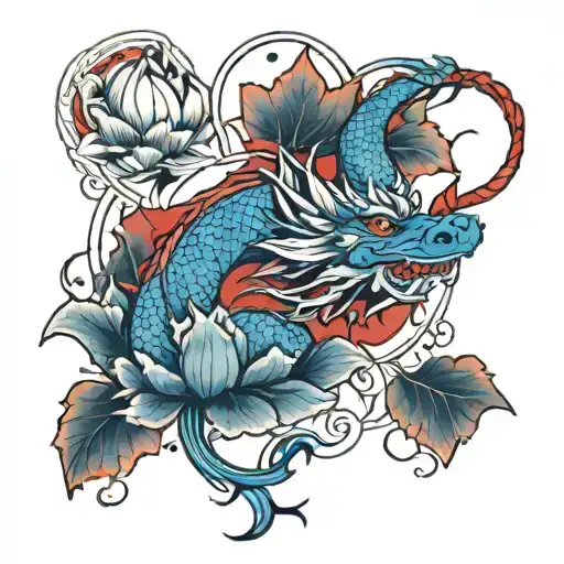 A Simple Red Dragon Wrapped Around A Blue Lotus Flower