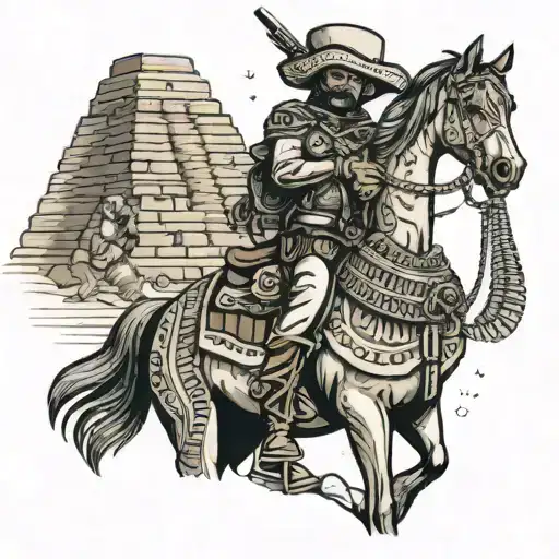 Mexican Bandito Holding A Gun And Wearing A Bullet Vest In Front Of Aztec Pyramid On A Horse