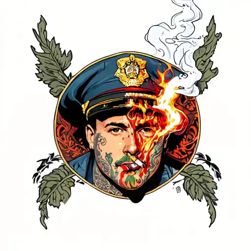 Cop Covered In Tattoos Smoking A Cigarette Burn Scar Turned