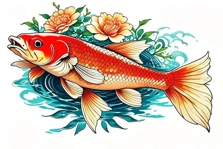 Flowers And Koi Fish
