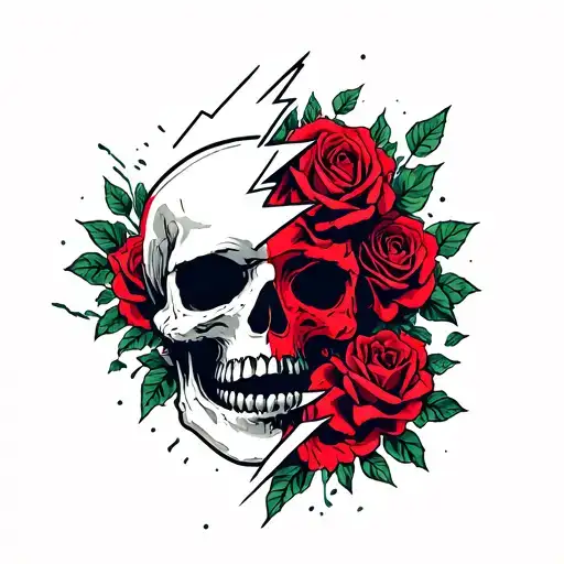 Lightning Bolt Breaking A Skull In Half And Crushing It And Roses Blooming