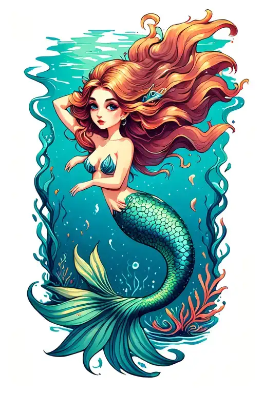 Mermaid Swimming Cute Sea Creatures Inspired Scene