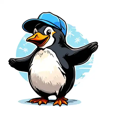 Smiling Penguin In A Blue Cap With Open Arms