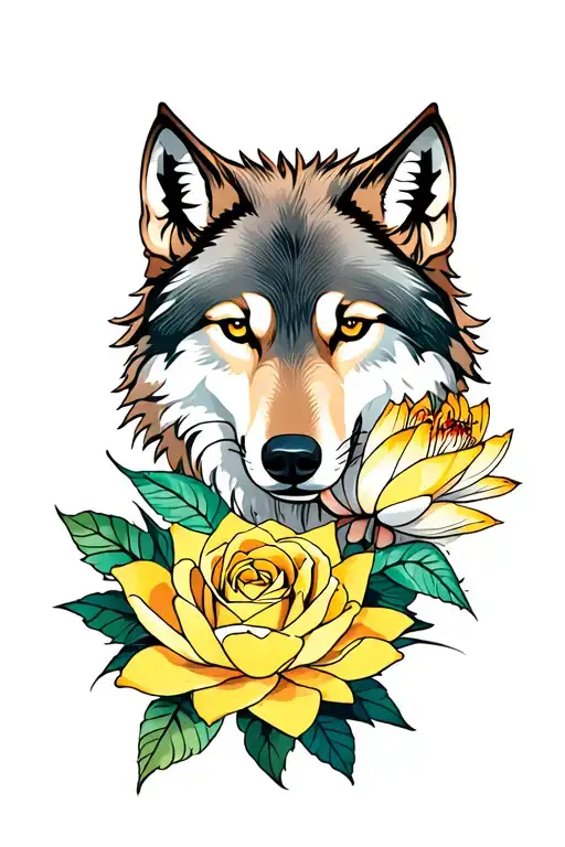 Wolf And Yellow Rose And Lotus Flower