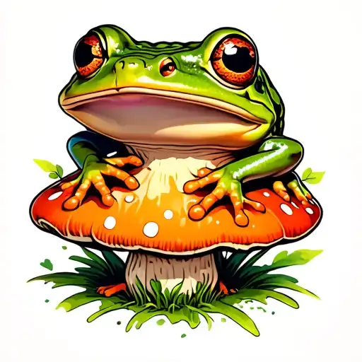 Frog On A Mushroom Colorful With A Cute