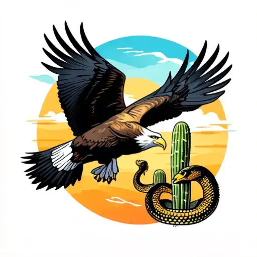 Eagle Flying Over Cactus With Snake