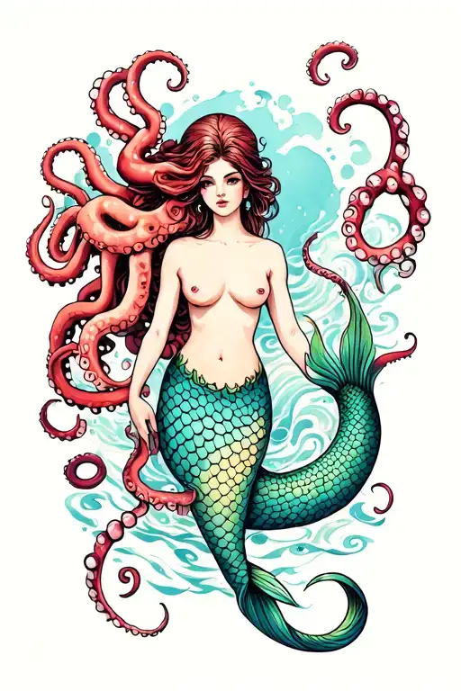 Topless Mermaid And Octopus Wrapping Its Tentacles Around Her