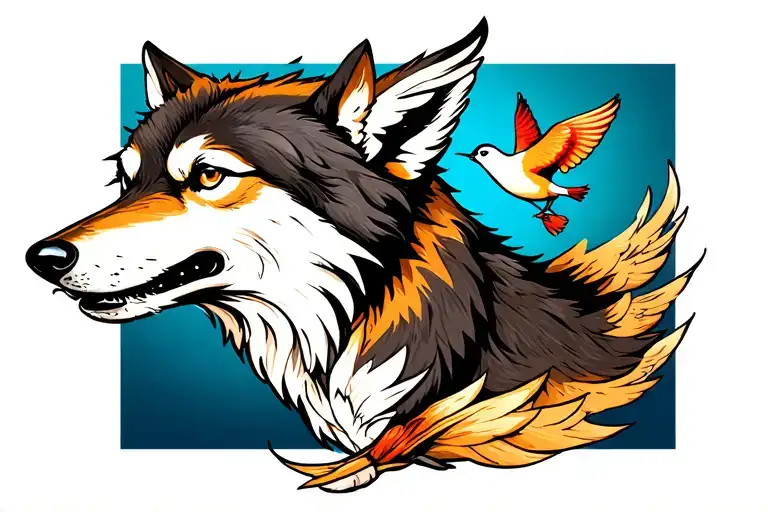 Young Wolf With Little Bird Flying