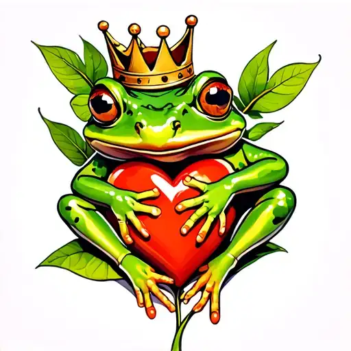 A Frog With A Crown Hugging A Heart-shaped Leaf Intertwined