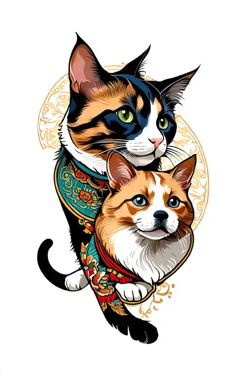 Oriental Tattoo Design With Cat & Dog Wearing