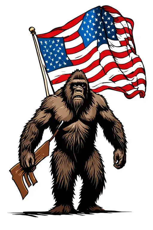 Bigfoot Silhouette Carrying An American Flag Waving