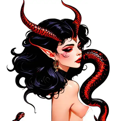A Beautiful Devil Woman With A Snake Coiled