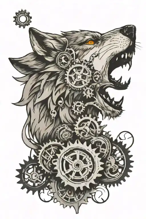 A Wolf Howling At The Moon While Surrounded By Gears And Machinery