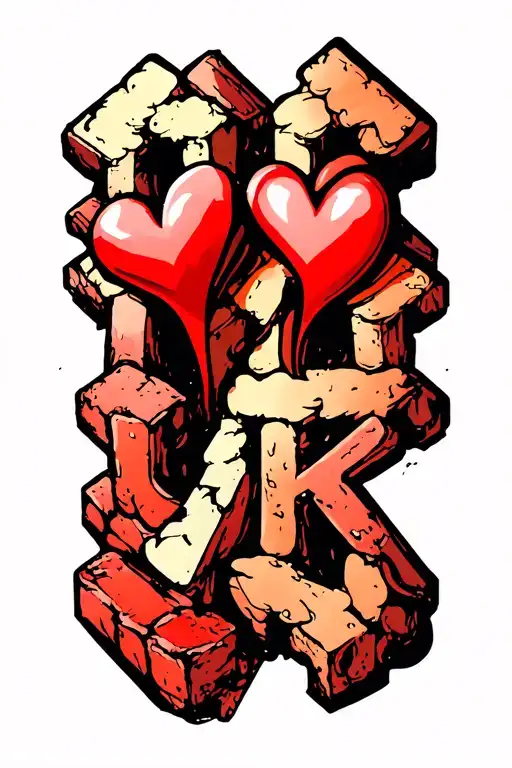 The Word Brick In Actual Bricks With 2 Red Hearts Entwined