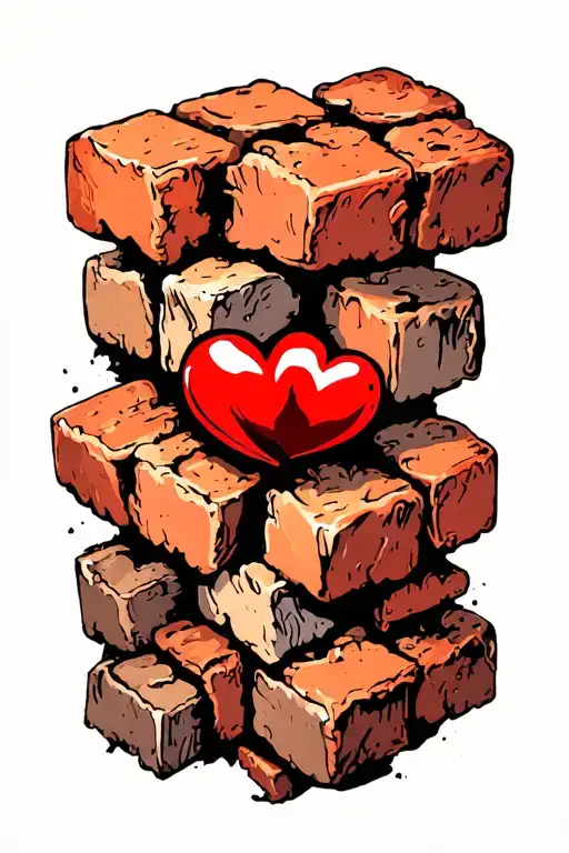 The Word Brick In Actual Bricks With 2 Red Hearts Entwined