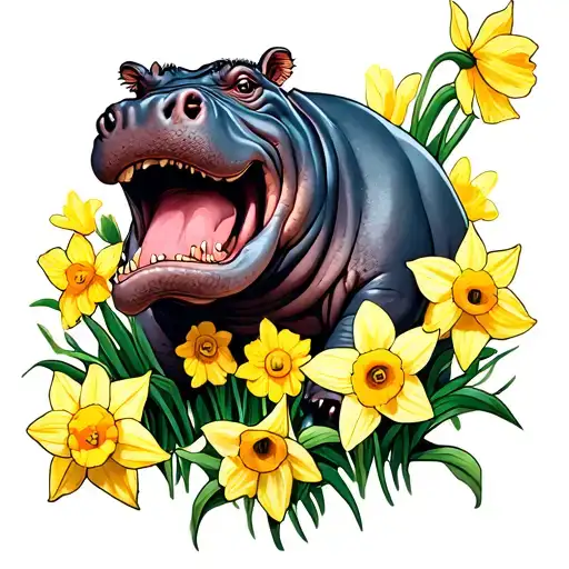 Hippo Surrounded By Daffodils Growing