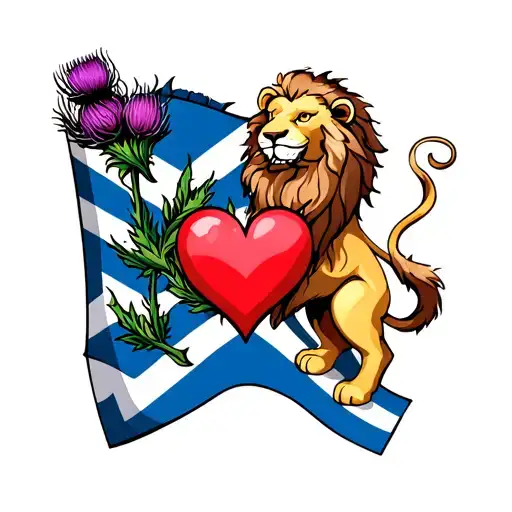 Thistle And Scotland Flag With Loveheart And Lion Figure