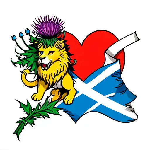Thistle And Scotland Flag With Loveheart And Scottish Lion