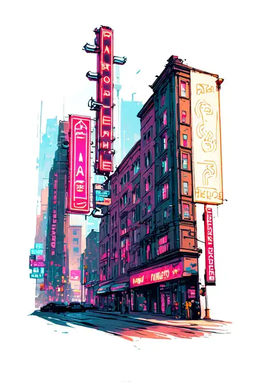 Cyberpunk Cityscape Neon Signs Over Street