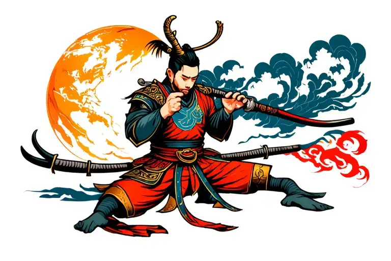 Samurai Kneeling Holding The World