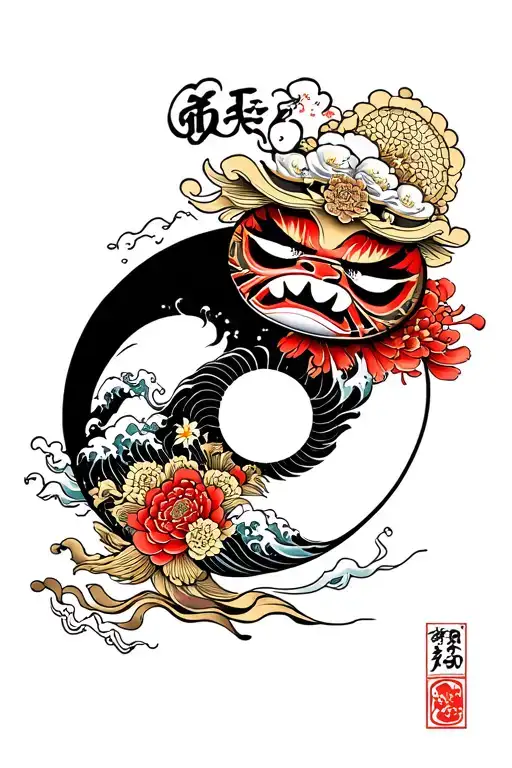 Ying Yang And Daruma Doll And Wave