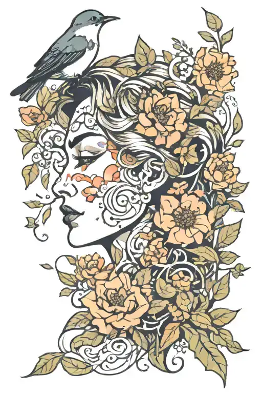 Mother Nature Face Profile Flowers Bird Perched