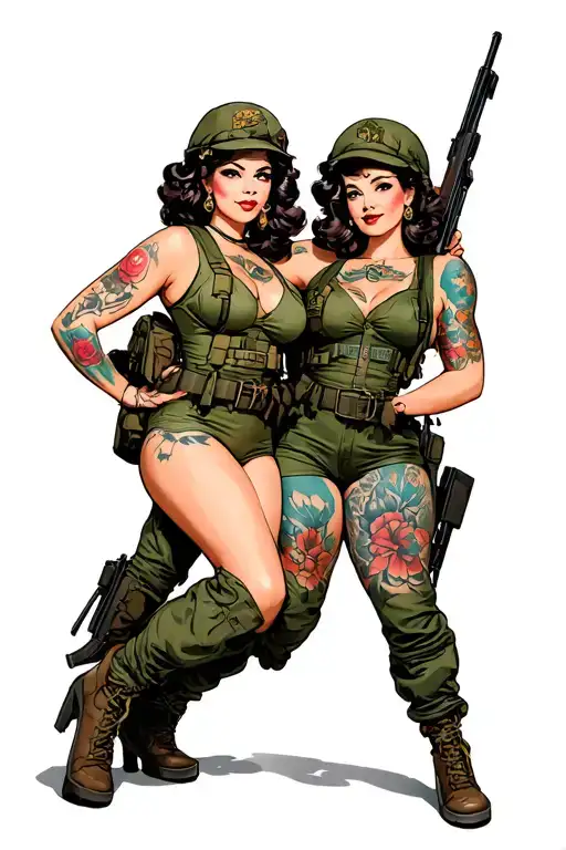 Pin Up Air Force Woman And Infantry Woman Posing