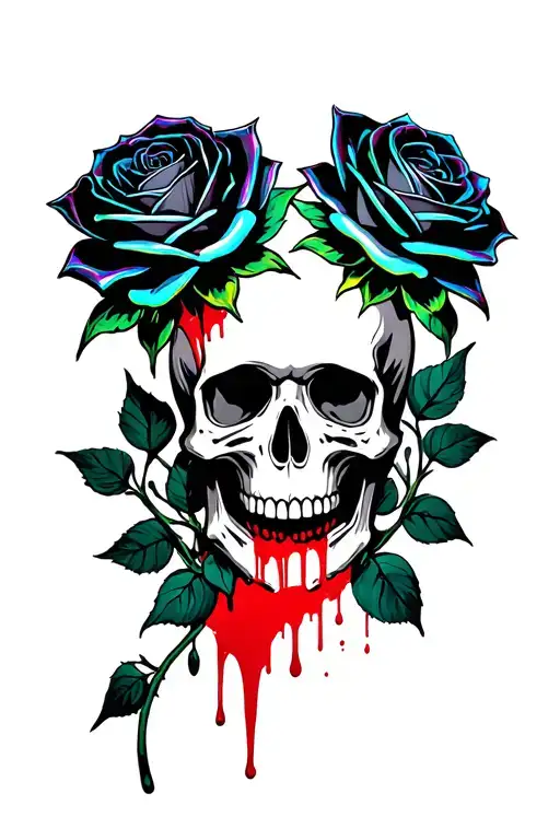 Three Black And Iridescent Roses Intertwined Around A Bloody Broken Skull