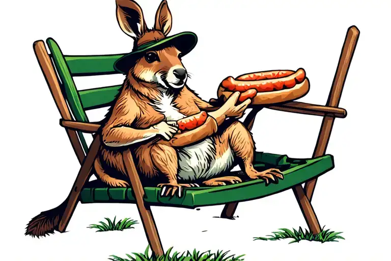 A Kangaroo With A Bunnings Hat Sitting On A Lawn Chair Holding A Sausage In Bread