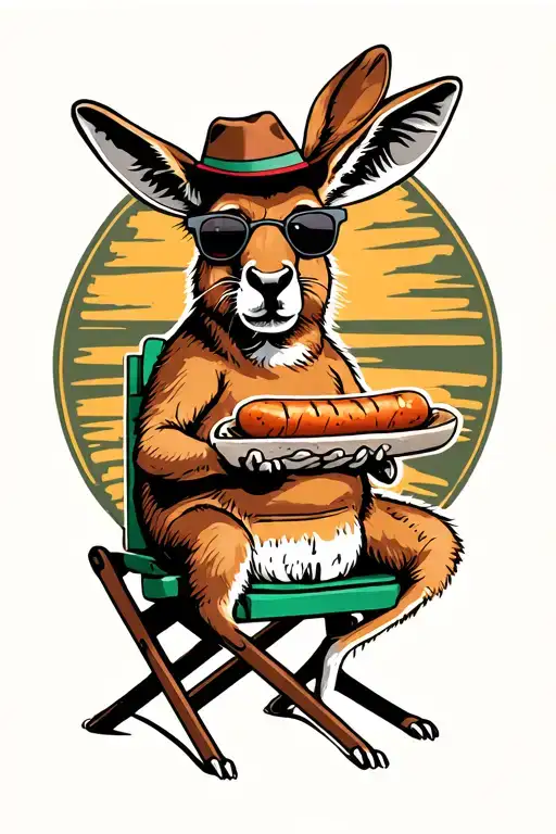 A Kangaroo With A Bunnings Hat And Sunnies Sitting On A Fold Out Chair Holding A Sausage In Bread