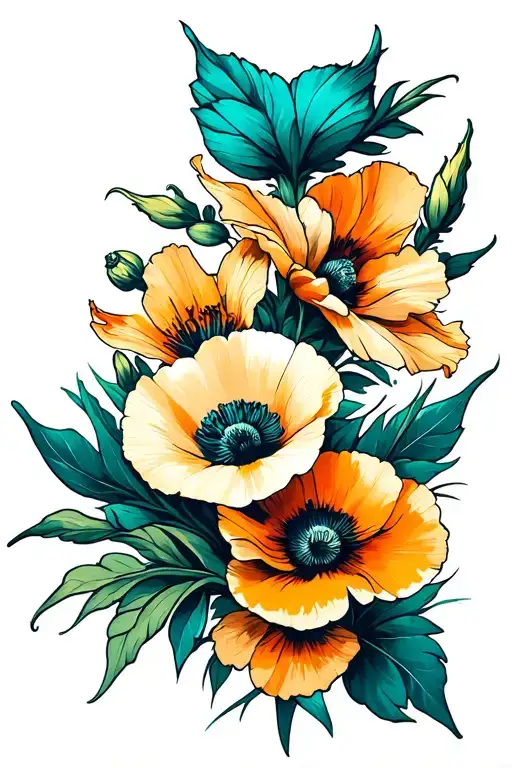 Golden And Teal Bold Bright Poppy And Gladiolus Flower
