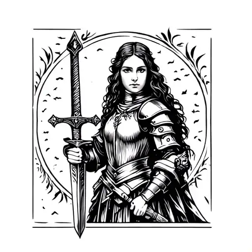 Medieval Lady Knight Holding A Sword In Woodcut Style